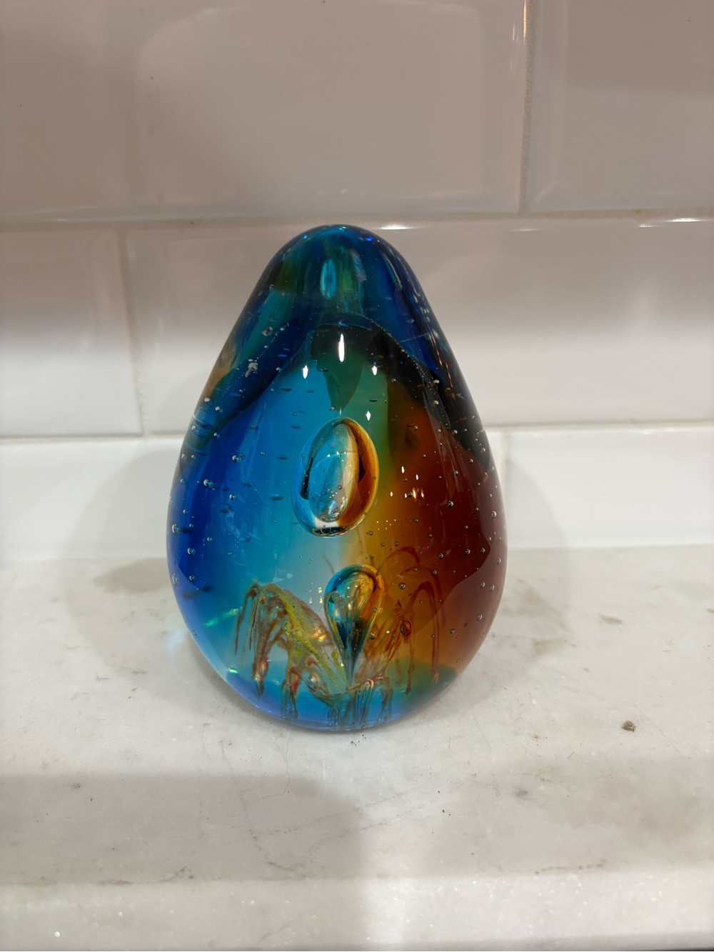 Handmade Blue and Amber Art Glass Paperweight - Brand Unmarked